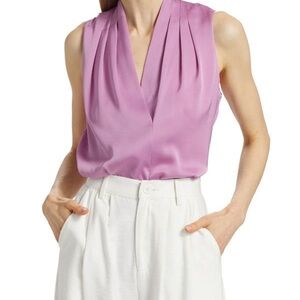 Silk sleeveless blouse with pleated neckline in tulip / purple